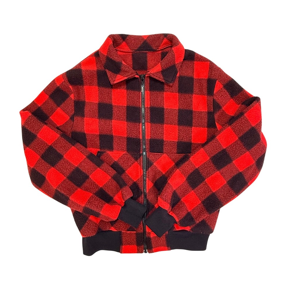 Vintage Comfy Casuals Red Black Buffalo Plaid Fleece Bomber Jacket Womens 16 USA